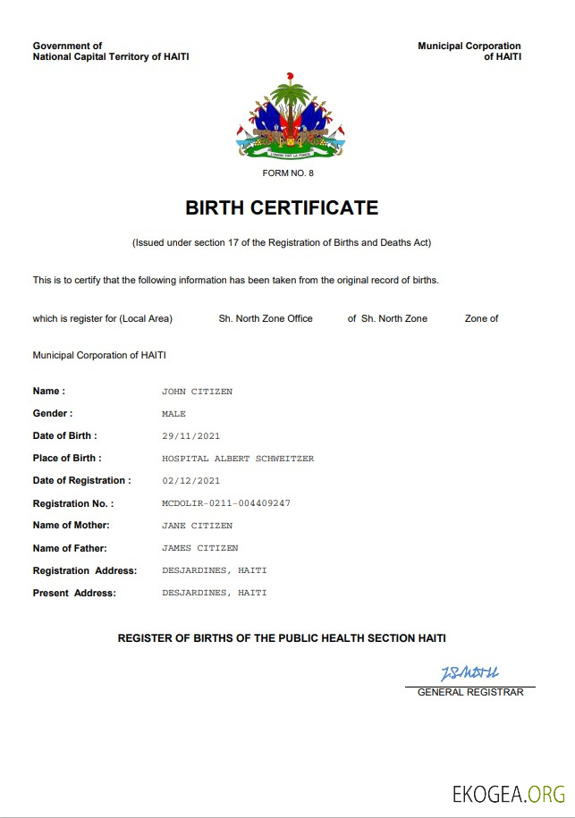 Modèle Word et PDF d'acte de naissance de l'état civil d'Haïti